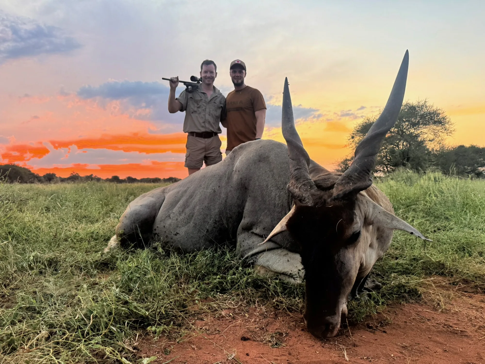 A hunter with an eland taken at sunset on a South African hunt