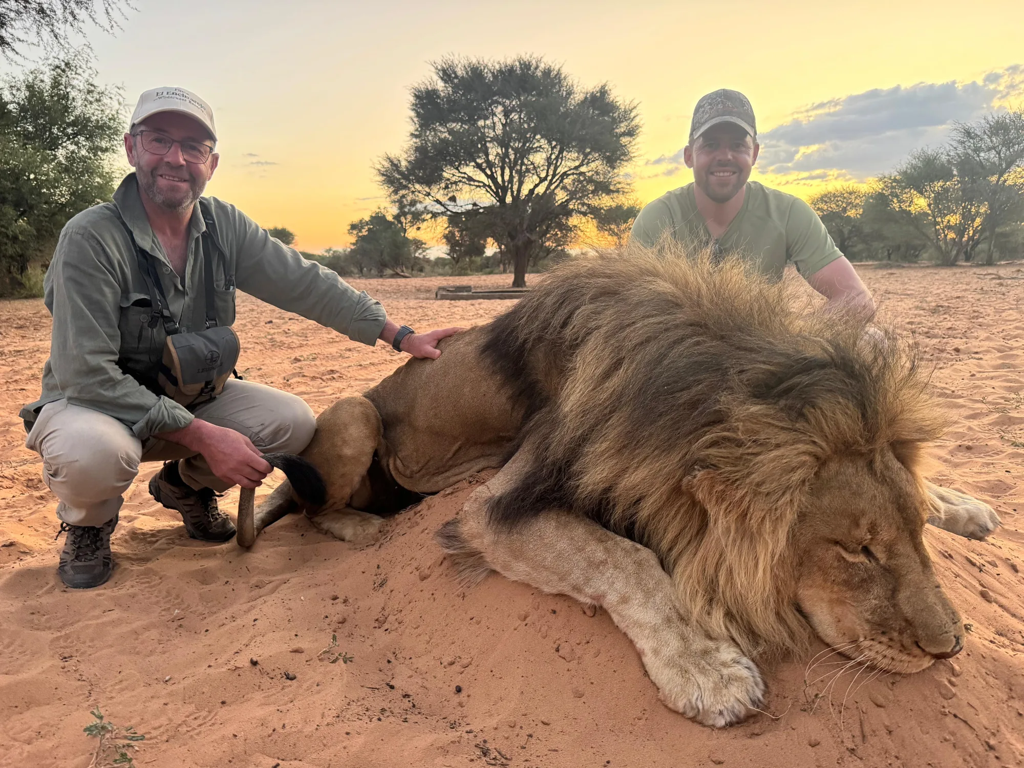 Two hunters with a lion taken on a South African hunt