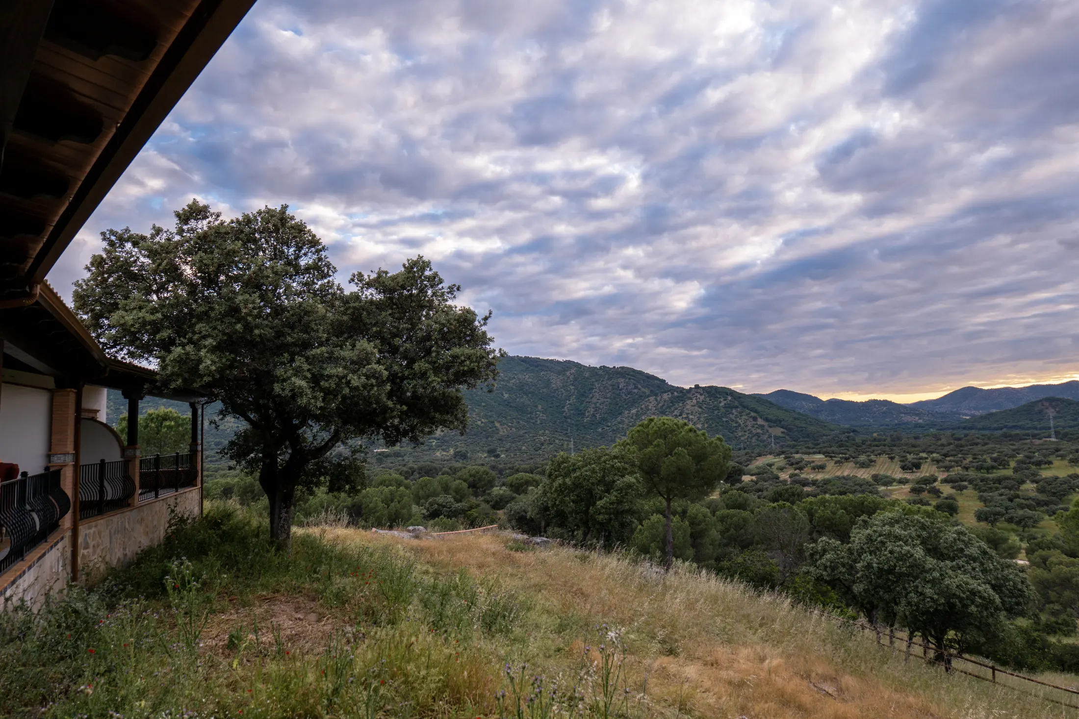 The lodge veranda looking out over the Sierra de Andújar at dusk