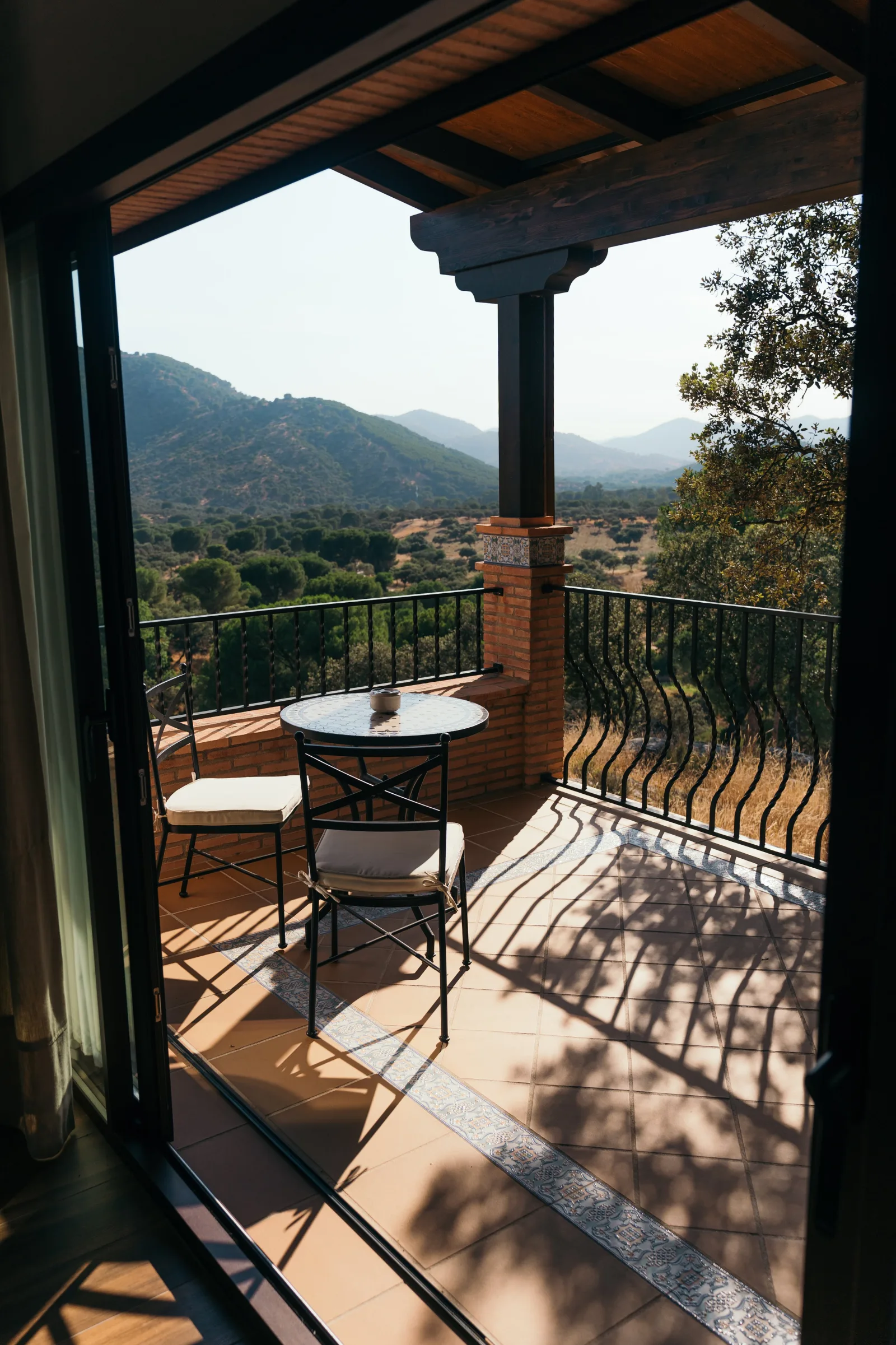 Golden light across a shaded terrace table