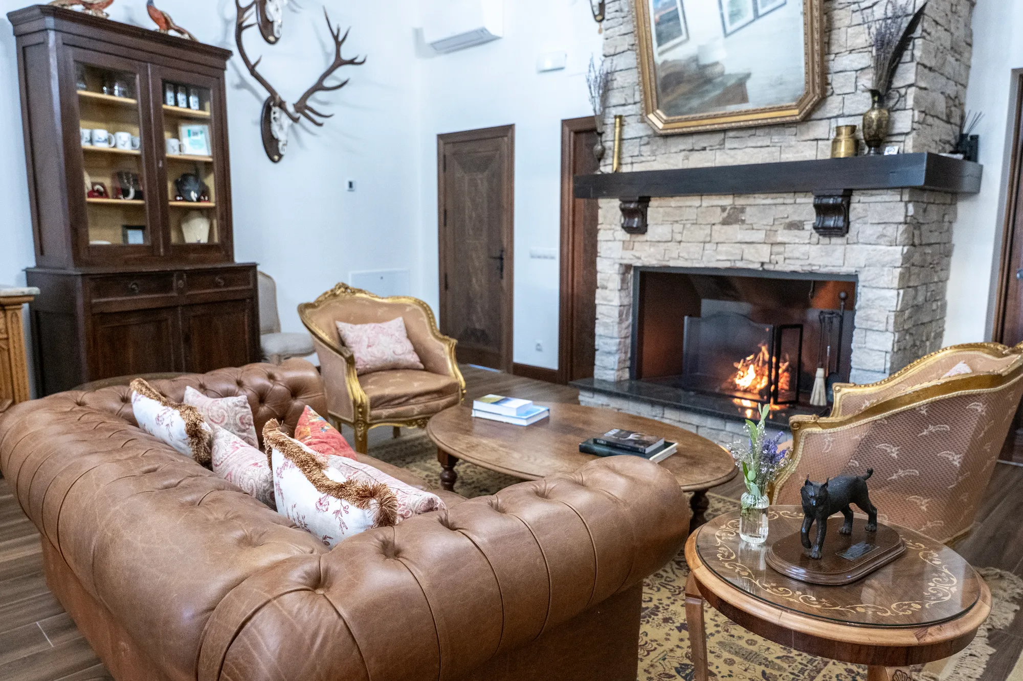 The lodge lounge, fire lit
