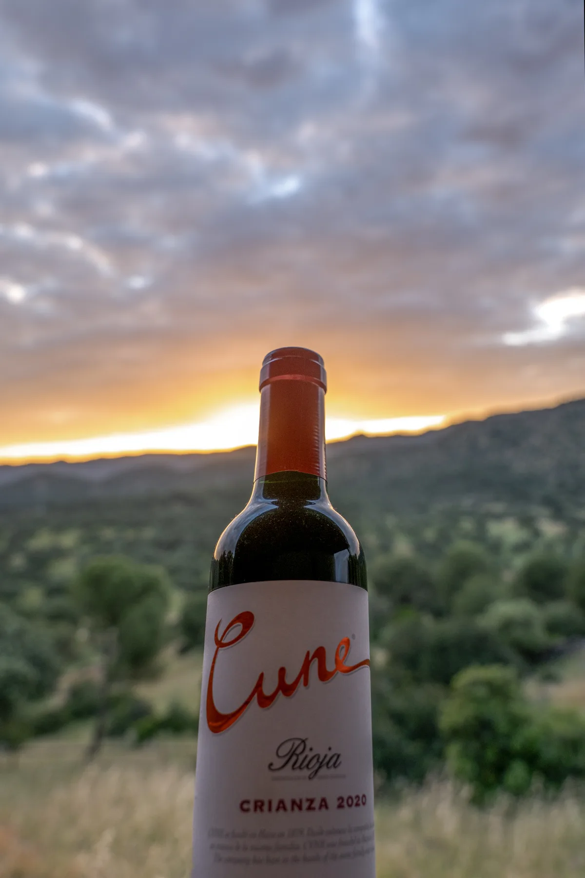 A glass of Rioja against the sunset over the finca